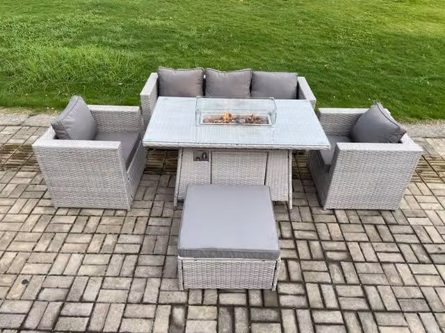 Fimous Light Grey PE Rattan Garden Furniture Set with Gas Fire Pit Dining Table, Armchairs and Large Footstool