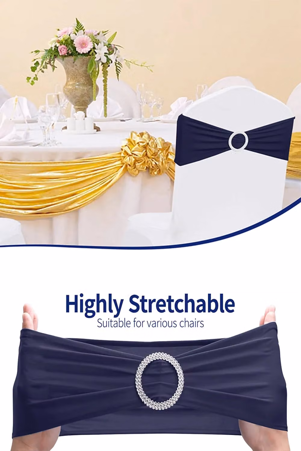 Neel Blue Spandex Chair Bands with Slider Buckle, 10-Piece Navy Stretchy Elastic Chair Sash Set – 5