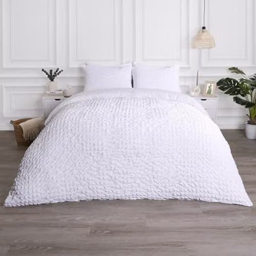 OHS White Seersucker Double Duvet Cover Set with Matching Pillowcases, Geometric Waffle Design