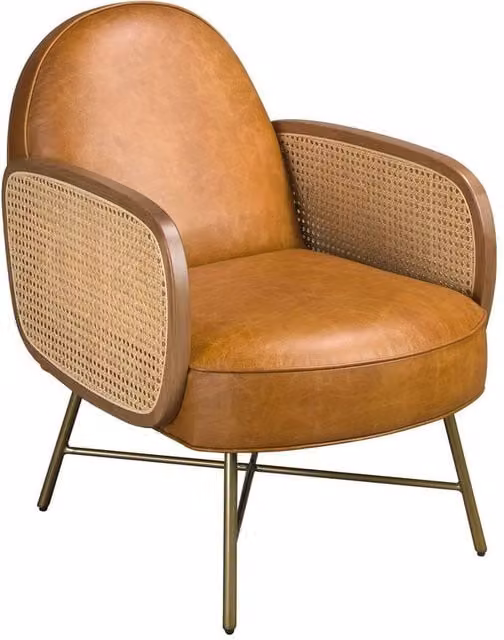 Angel Cerda Brown Leather Tub Armchair with Rattan and Gold Metal Details – 1