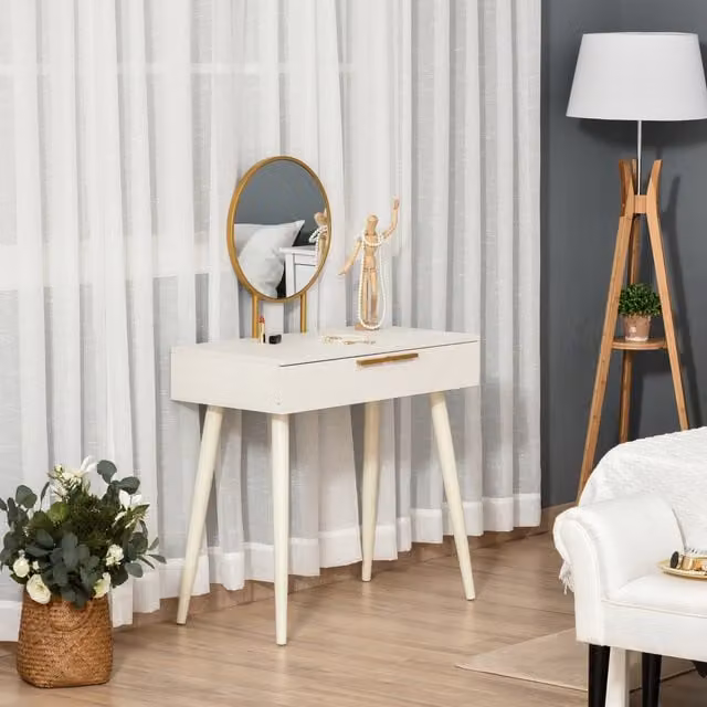 HOMCOM Modern Dressing Table with Round Mirror in White and Gold