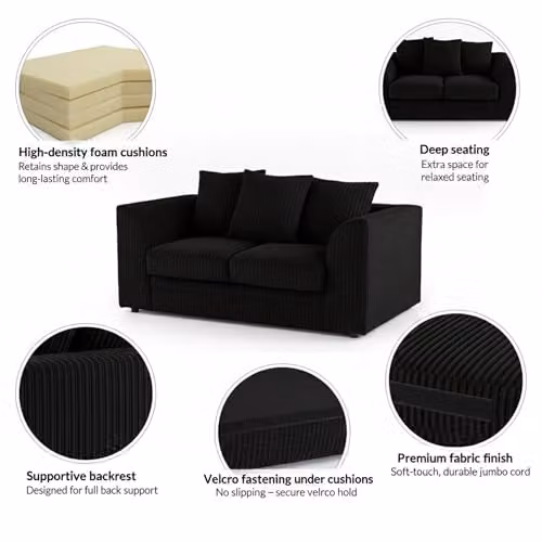Bliss Furniture Black Jumbo Cord 2-Seater Scatter Back Sofa with Removable Covers and Solid Wood Frame – 4