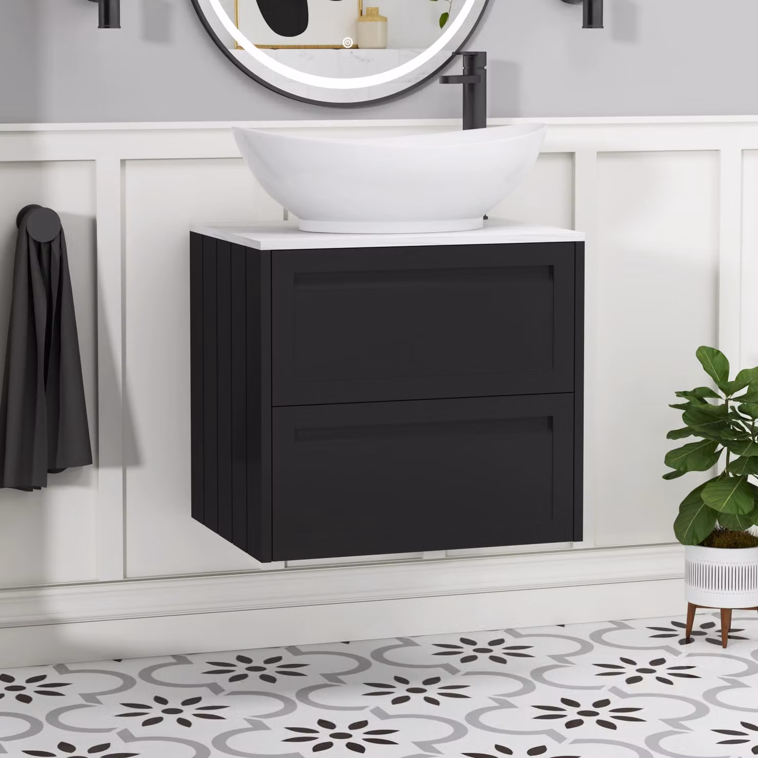 Royal Bathrooms Elmore Wall Hung 2 Drawer Vanity Unit with Amaze Basin in Matt Nocturne Black, Width: 60 cm