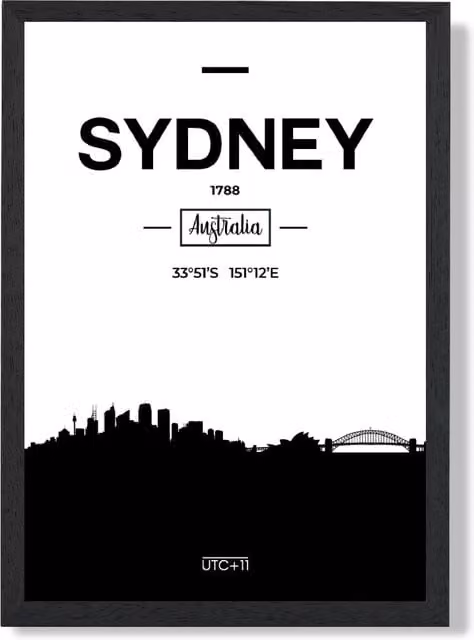 ARTZE Sydney Black and White City Skyline Framed Print in Black Frame, A3 – 1