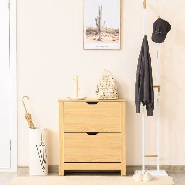 HOMCOM Natural and Beige Wood Shoe Storage Cabinet with Tilting Compartments and Internal Shelves
