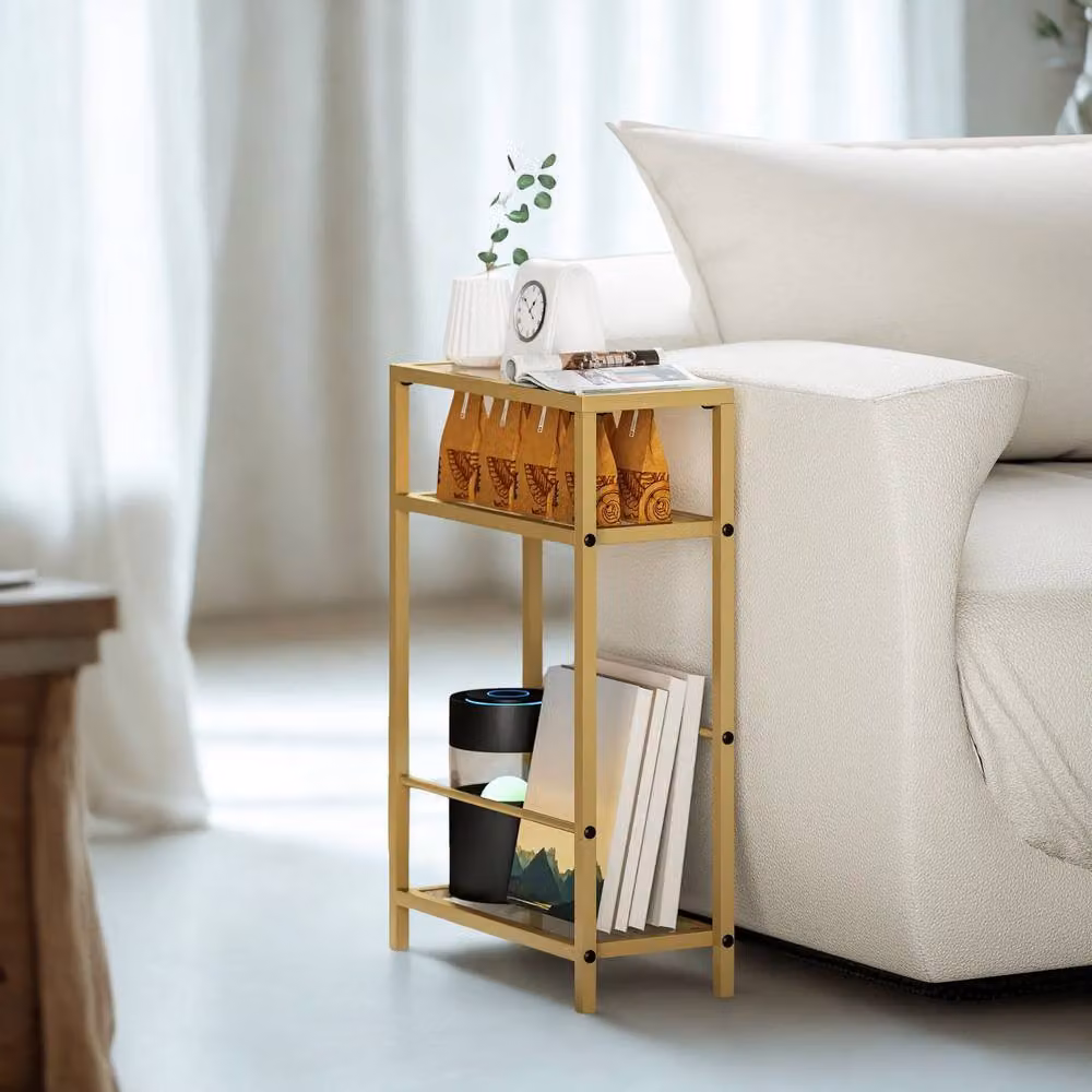 FURNOS 3 Tier Side End Table with Tempered Glass Top in Gold, W/D/H: 40 x 40 x 62 cm – 3