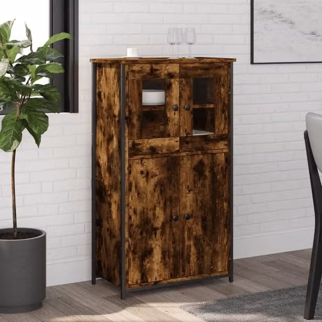 Berkfield Home Modern Smoked Oak Highboard in Brown with Glass Doors, W: 62 cm, D: 32 cm, H: 106.5 cm