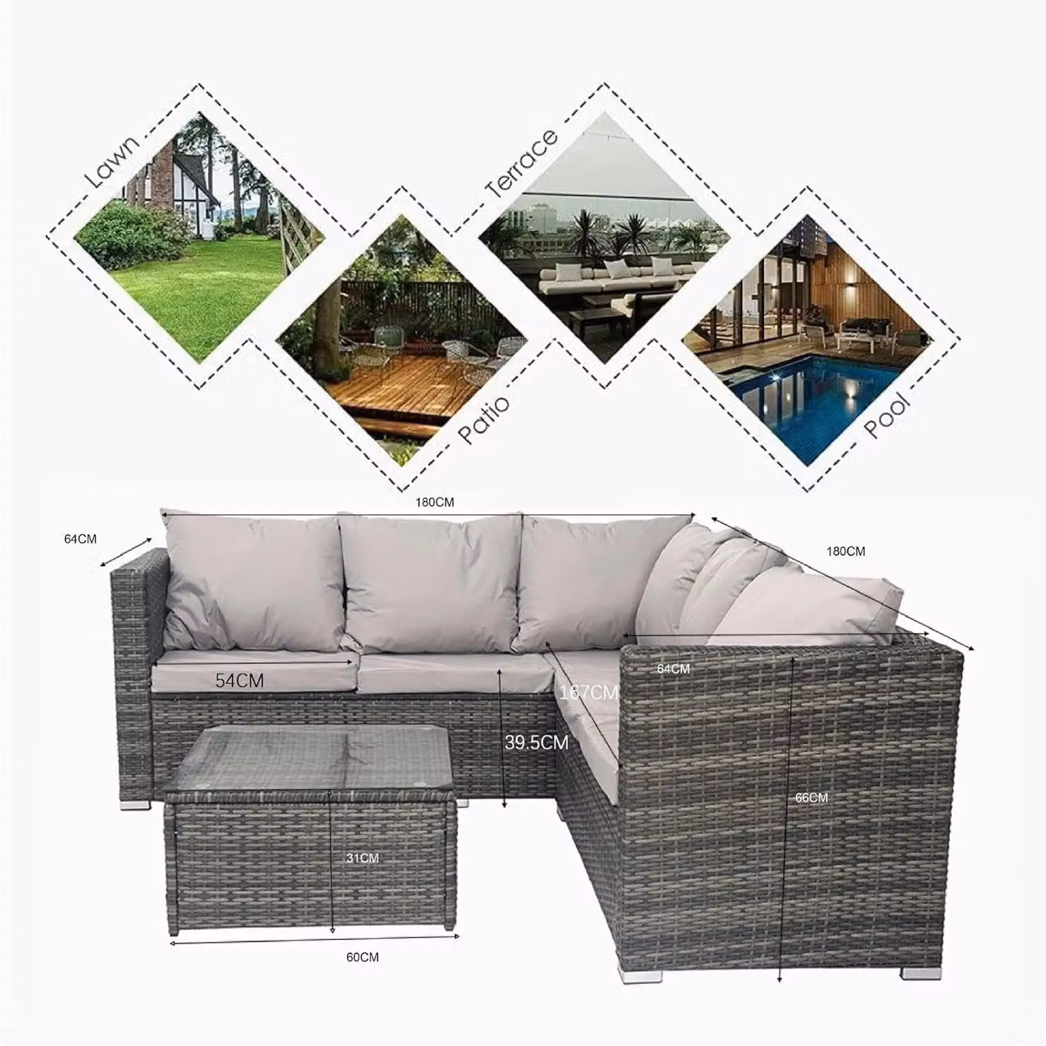 Alivio 5 Seater Grey Rattan Corner Sofa Set with Coffee Table and UV-Resistant Cushions – 3
