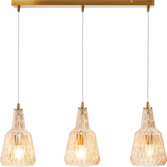 Litecraft Mikael 3 Light Glass Bar Pendant Light in Brass and Transparent Glass