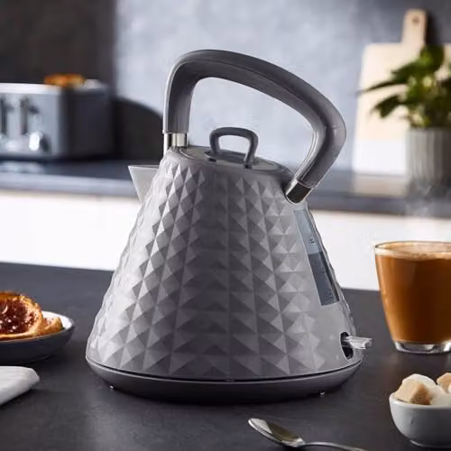 Geepas Grey Kitchen Appliance Set including 1.5L Pyramid Electric Kettle, 4 Slice Bread Toaster and 20L Digital Microwave – 3
