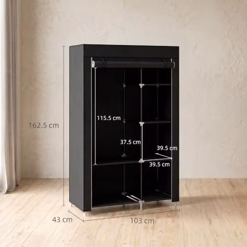 HOMCOM Black Fabric Wardrobe with Hanging Rail and Internal Shelves W/D/H: 103 x 43 x 162.5 cm – 6