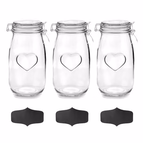 Nicola Spring Heart Shaped Glass Storage Jars with Airtight Clip Lids and Labels, 1.5 l, Pack of 3, Orange