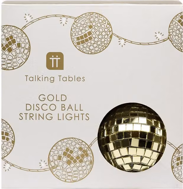 Talking Tables Gold Disco Ball LED String Lights with 10 Warm White Spheres, Length: 1.6 m – 1