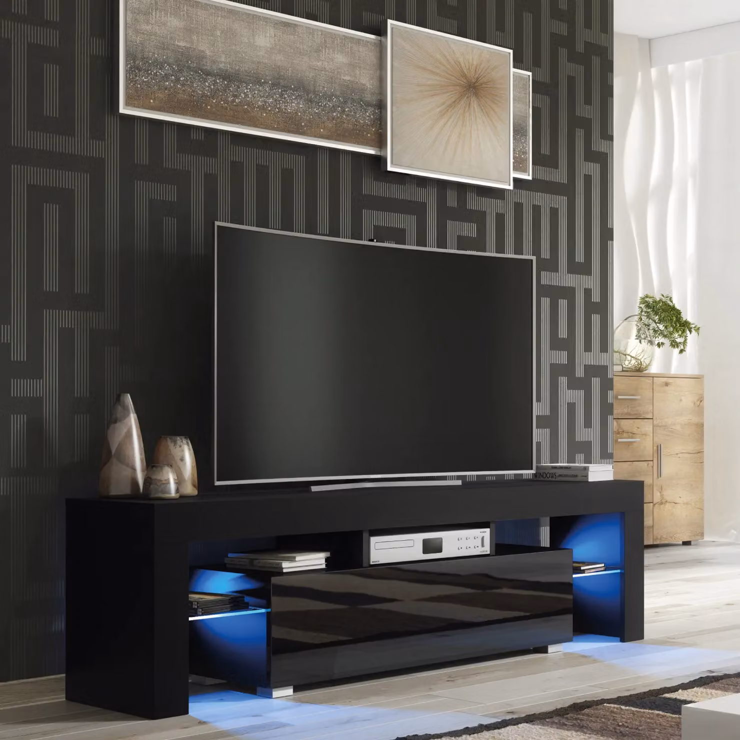 Creative Furniture Aria Modern TV Unit in Black with Glossy Doors and LED Lights, W: 160 cm, H: 45 cm, D: 35 cm – 3