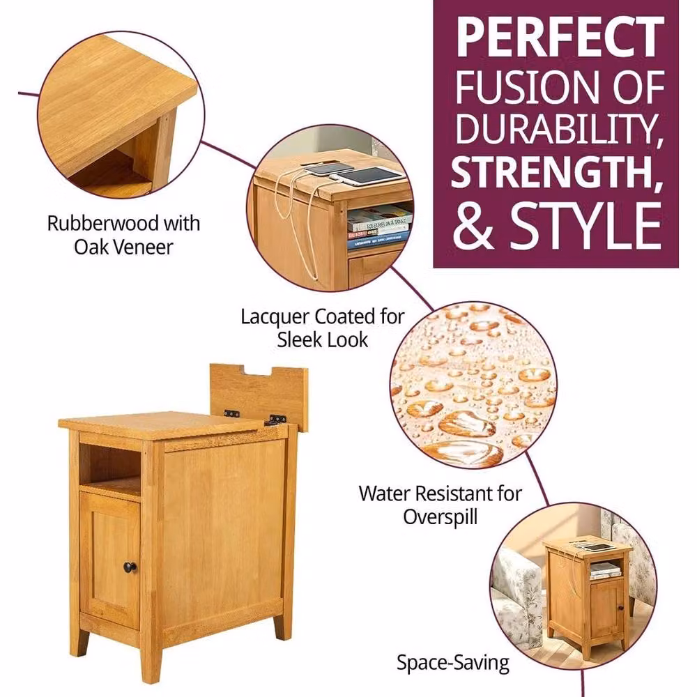 FORGEVIO Modern Oak Side Table with Power Sockets in Brown – 2