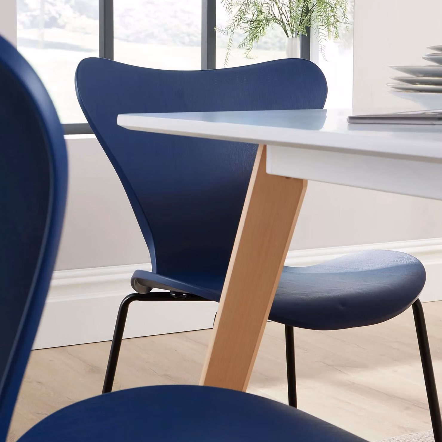 Home Source Fleur Dining Set with Rectangular White Table and 4 Navy Blue Penny Chairs – 3