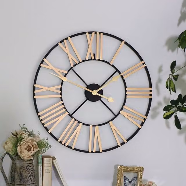 Melody Maison Black and Gold Large Vintage Skeleton Wall Clock, W/D/H: 60 x 60 x 60 cm