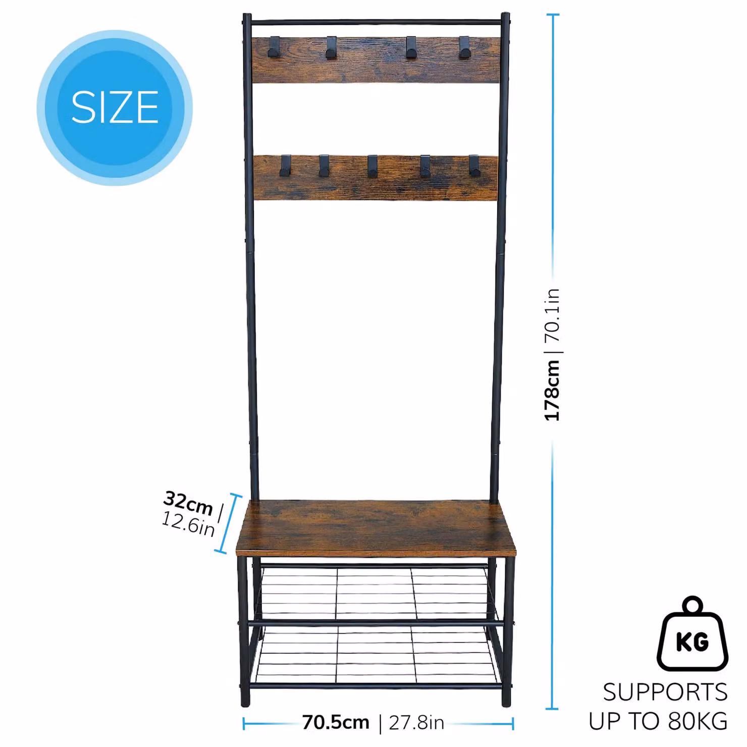 House of Home Hall Tree with Shoe Storage Bench and 9 Hooks, Rustic Brown – 2