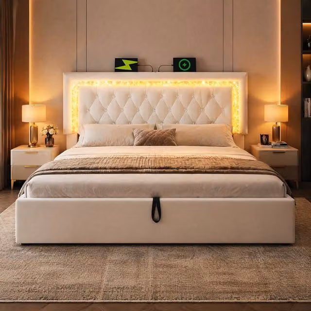 STILVORA Super King Bed Frame with LED Under-Bed Lighting, USB Type-C Charging Ports and Lift-Up Base in Beige Velvet Fabric, W: 180 cm, L: 200 cm