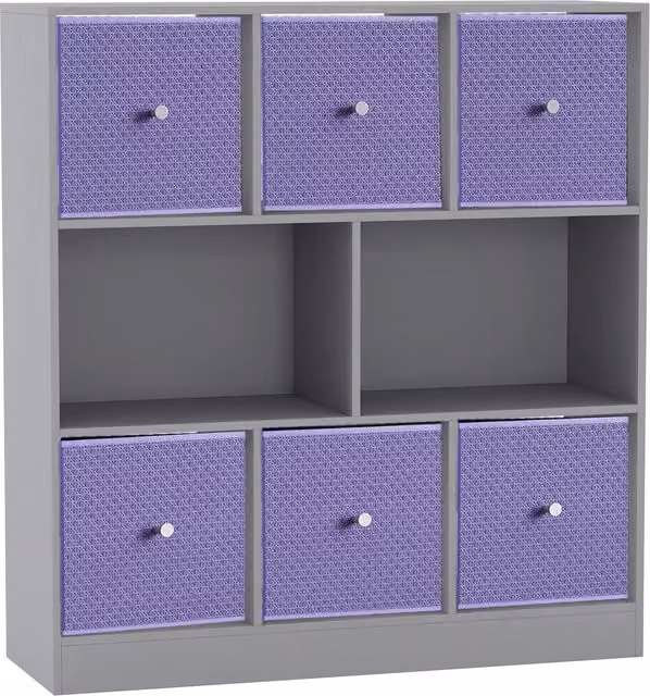 URBNLIVING 8 Cube Grey Bookcase with 6 Lilac Fabric Storage Drawers