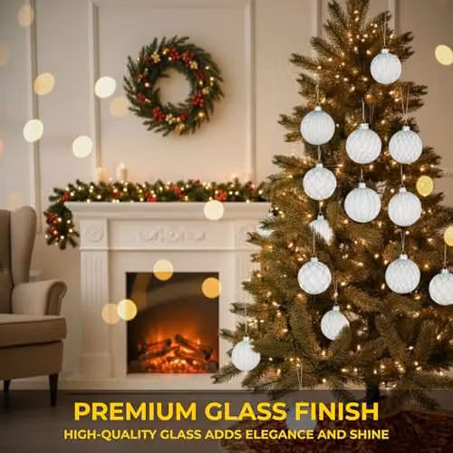 Shatchi 12-Piece Set of White and Silver Glass Christmas Baubles with Abstract and Geometric Designs, Diameter: 8 cm – 4
