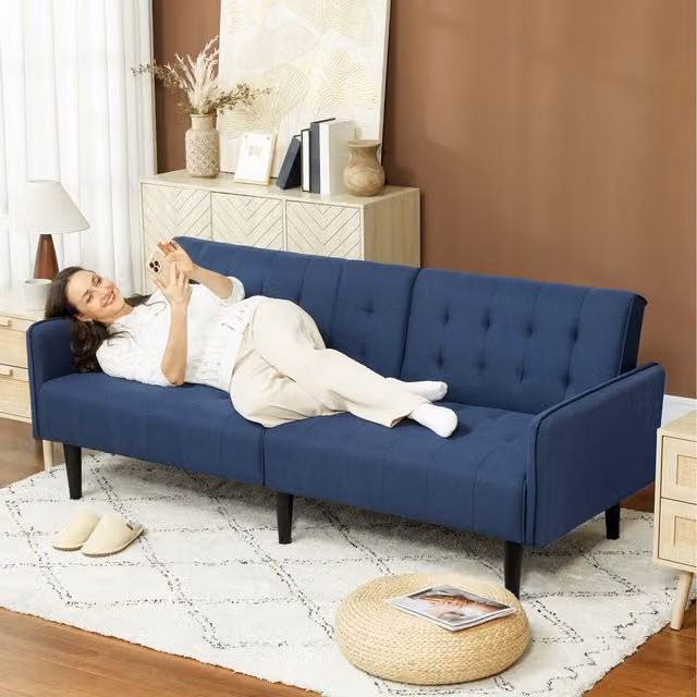 HOMCOM 3 Seater Upholstered Sofa Bed with Storage and Cupholders in Dark Blue