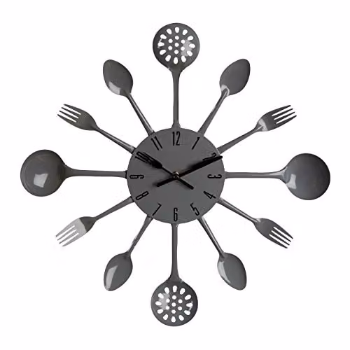 Premier Housewares Grey Metal Cutlery Round Quartz Wall Clock, W/D/H: 33 x 33 x 4 cm