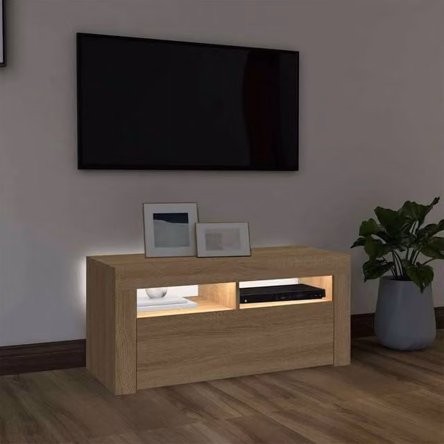 Berkfield Home Modern TV Cabinet with LED Lights in Sonoma Oak, W/D/H: 90 x 35 x 40 cm – 1