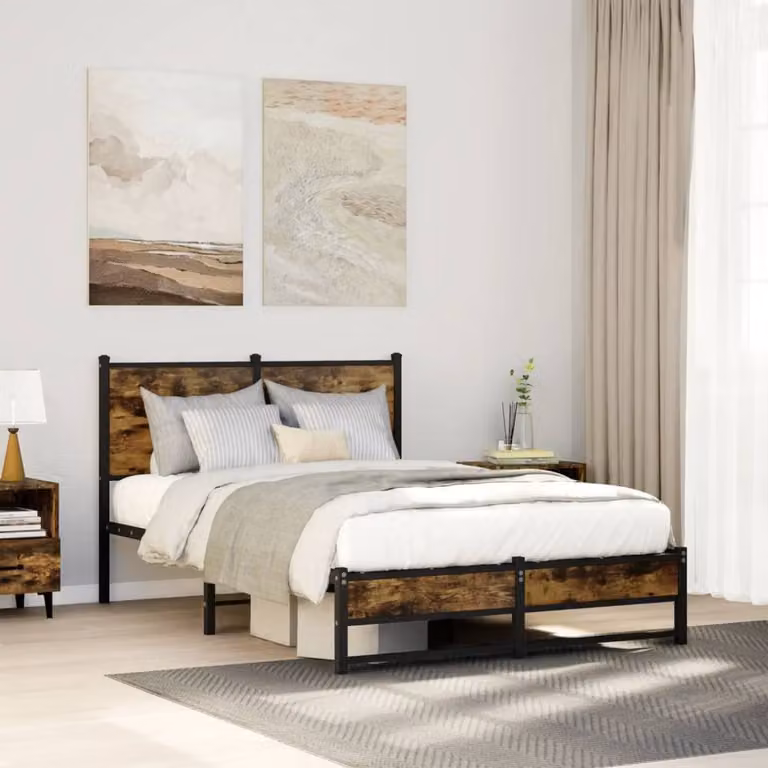 Berkfield Home Metal Bed Frame in Smoked Oak Brown, Small Double, W: 120 cm x L: 190 cm
