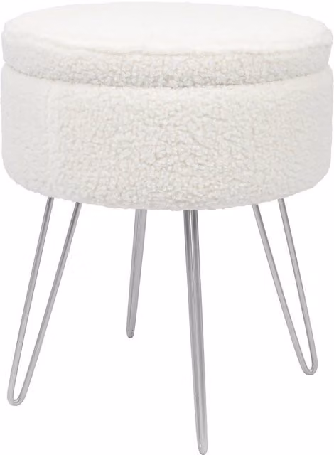 Harbour Housewares Round Boucle Storage Footstool in White and Silver