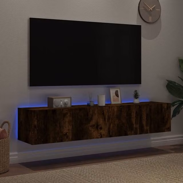 Berkfield Home Set of 2 Modern TV Wall Cabinets with LED Lights in Smoked Oak Brown, W/D/H: 80 x 35 x 31 cm