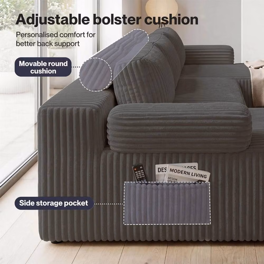 VOGREX Grey Corduroy Modular Convertible Corner Sofa with Sleeping Function – 3