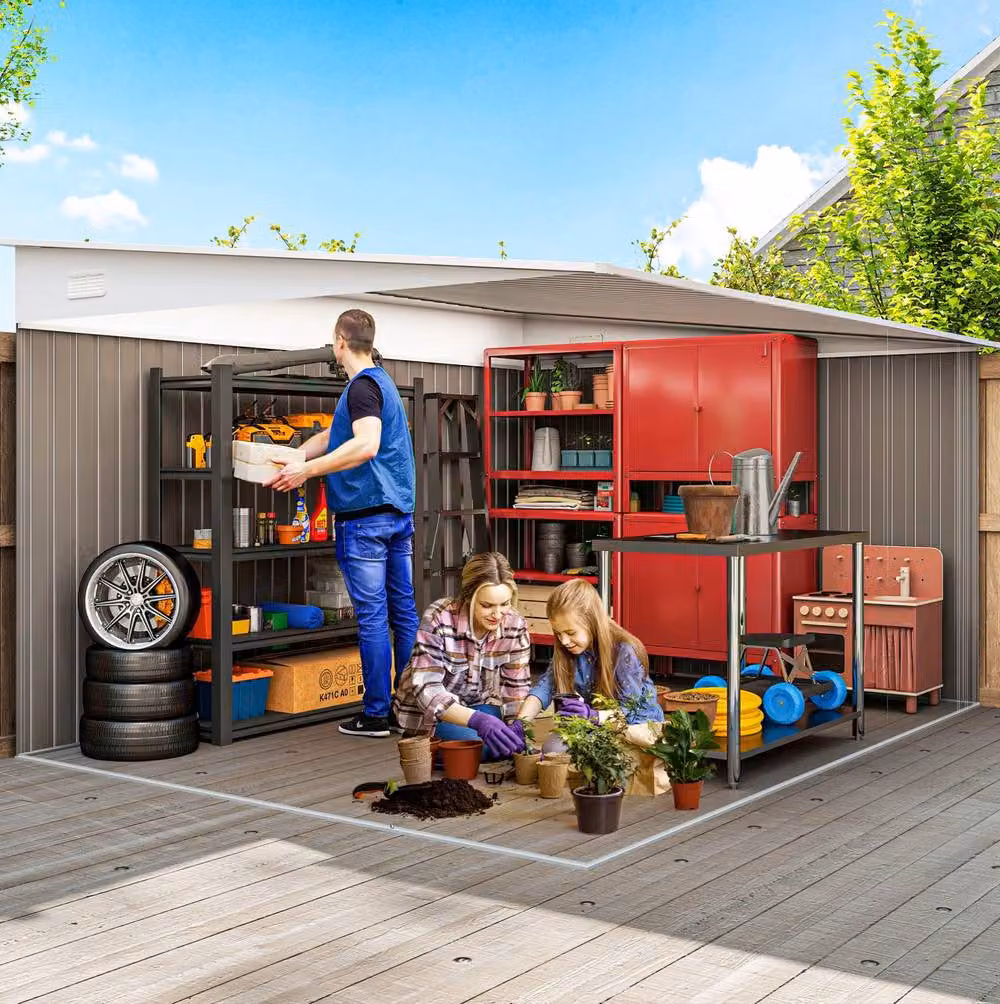 STILVORA Grey Galvanised Steel Pent Garden Shed with Double Sliding Doors W/D/H: 330 x 268 x 201 cm – 4