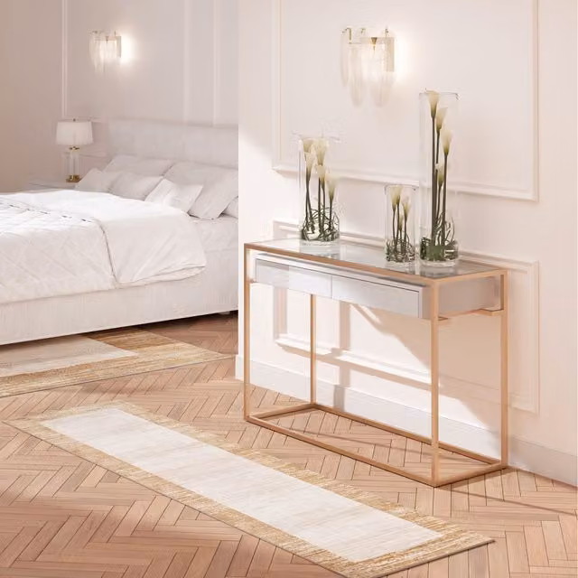 The Rug House Modern Rectangular Living Area Rug with Distressed Border in Beige, W: 240 cm, D: 70 cm