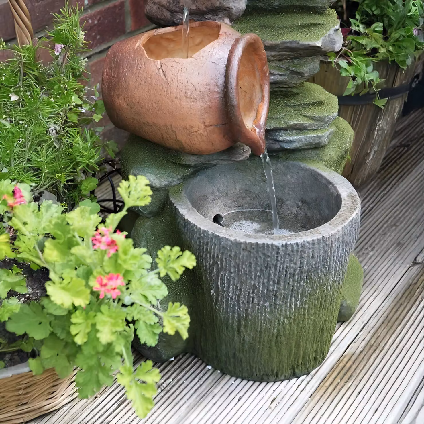 Primrose Honey Pots Barrel Cascading Water Feature with Lights, Stone Effect, Brown, Height: 68 cm – 3