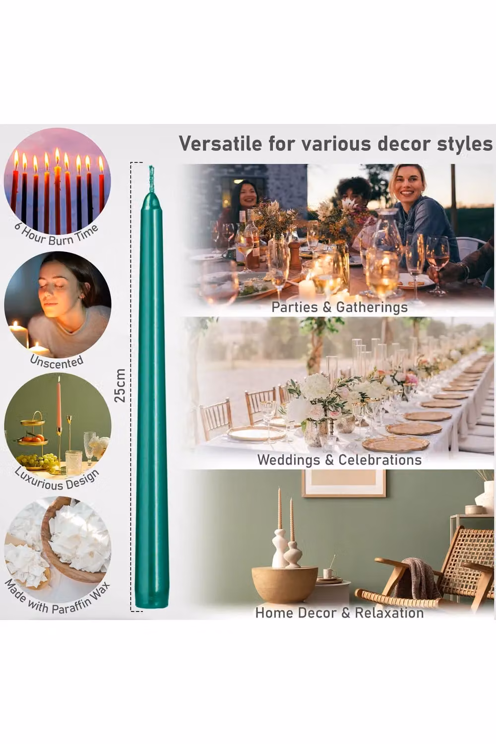 Deco Express Set of 6 Classic Unscented Taper Candles in Green – 7