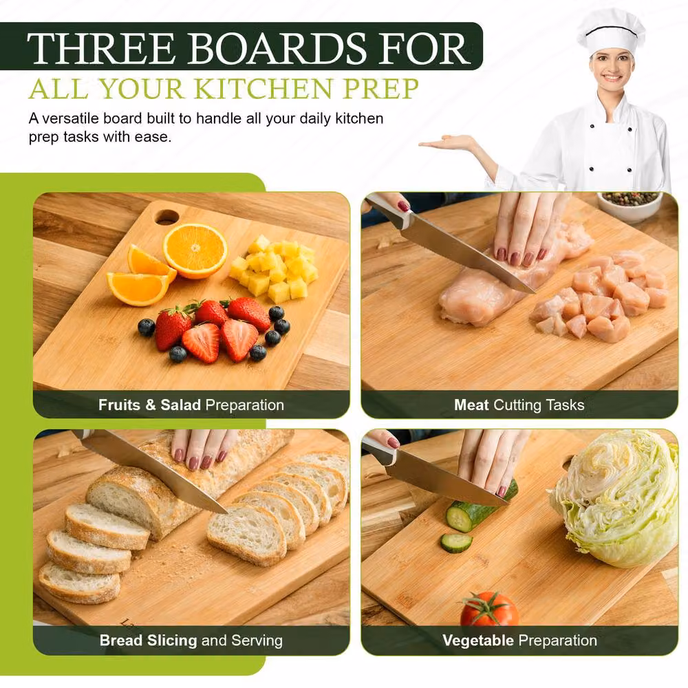 Grace Lazzaro Brown Bamboo Rectangular Chopping Board Set of 3 with Groove and Reversible Design – 5