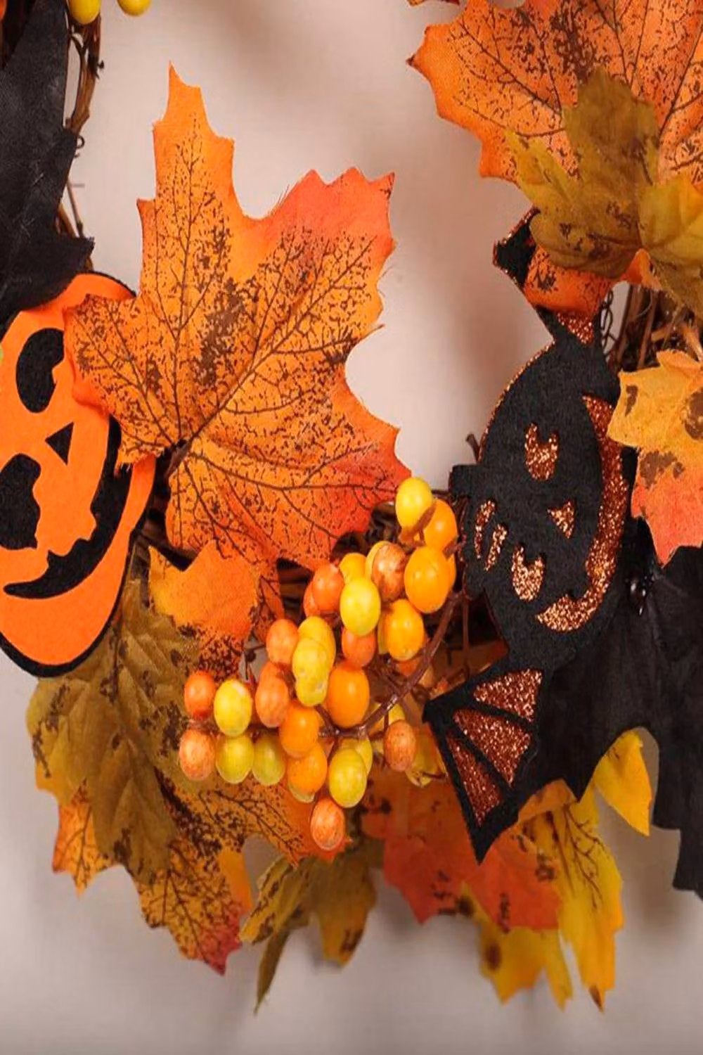 Garden Sanctuary Orange Halloween Decoration Wreath with LED Lights and Floral Leaves – 7
