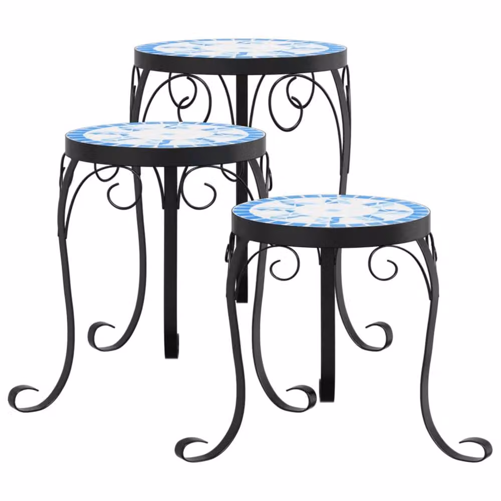Berkfield Home Set of 3 Blue and White Ceramic and Metal Tabletop Plant Stands – 3
