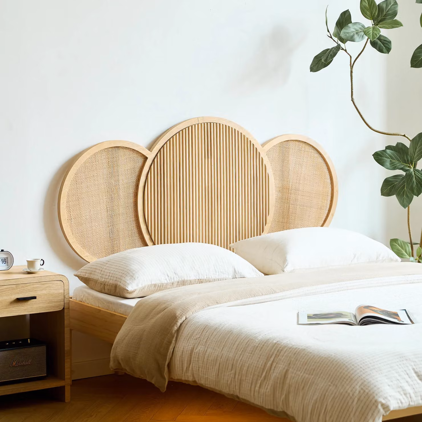Nordlys Scandinavian Solid Ash Wood and Rattan Headboard in Brown, W: 160 cm, H: 120 cm – 2