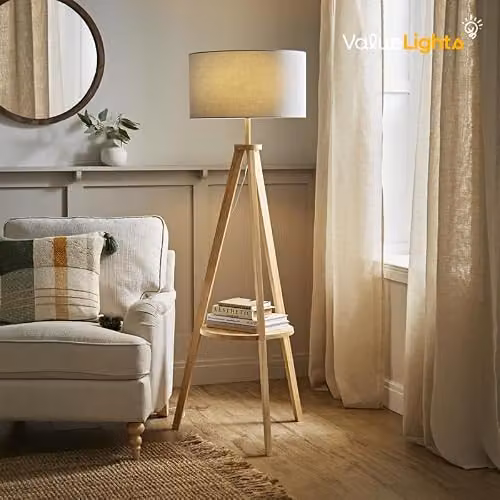 ValueLights Morrigan Modern Wood Tripod Floor Lamp with White Fabric Drum Shade and LED Bulb – 2