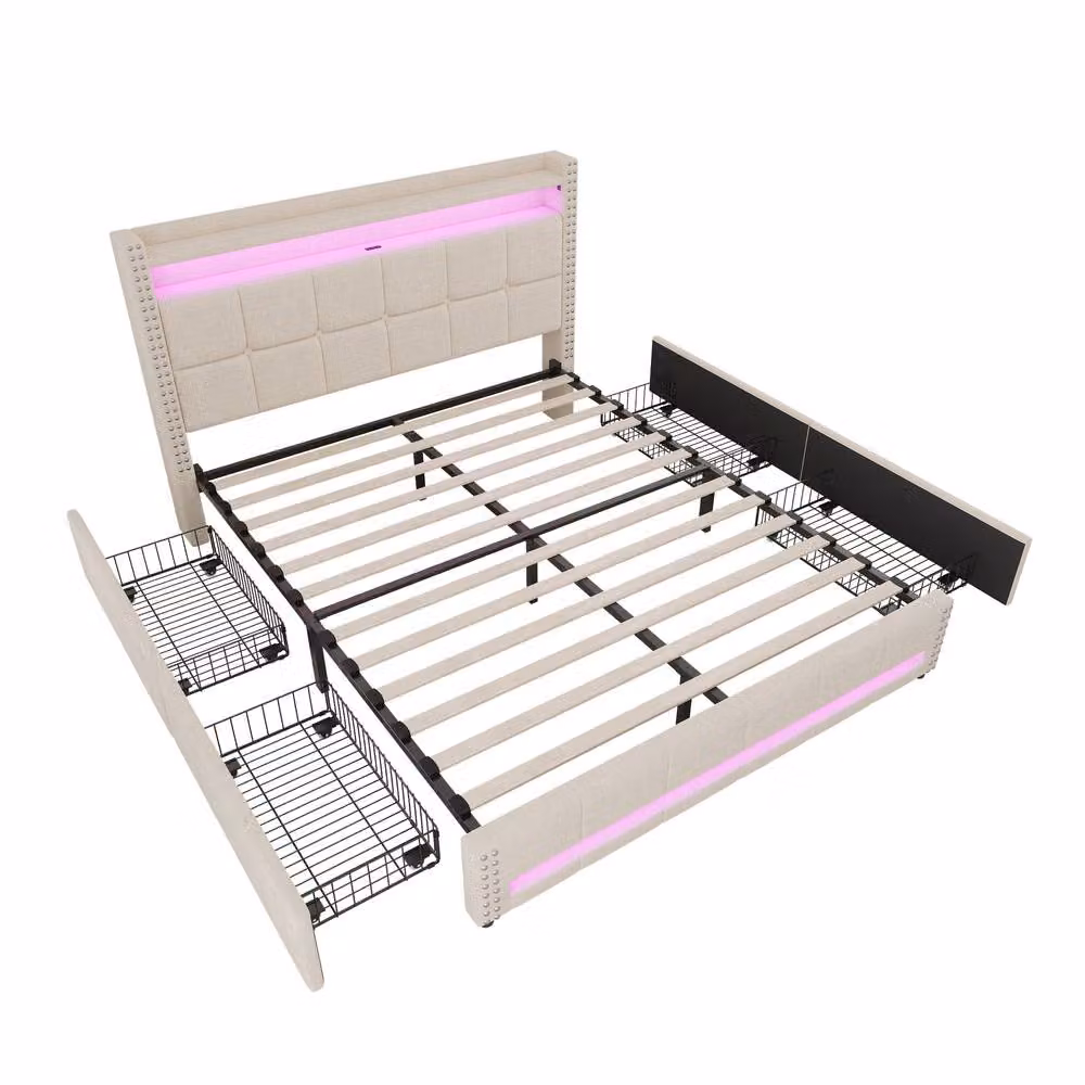 BTM Double Bed with 4 Drawers and LED Charging Headboard in Beige, W/D/H: 140 x 200 x 43.83 cm – 3