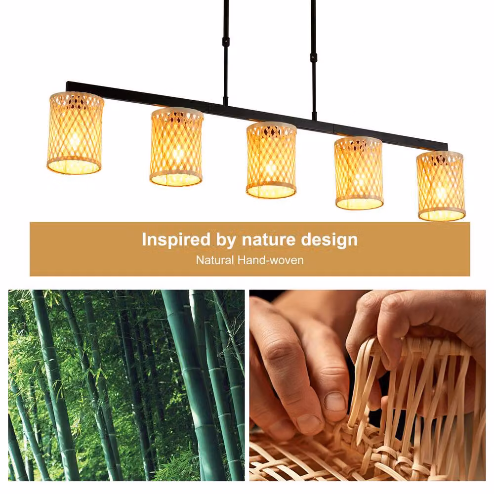 Garwarm 5-Light Rattan Farmhouse Boho Linear Kitchen Island Pendant Light in Brown and Multicolour – 4