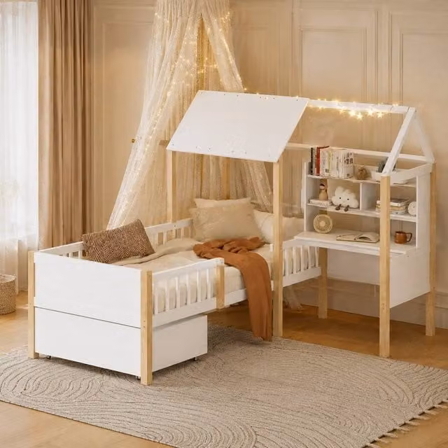 STILVORA Children's House Bed Frame in White with Drawers, W/D/H: 90 x 190 cm