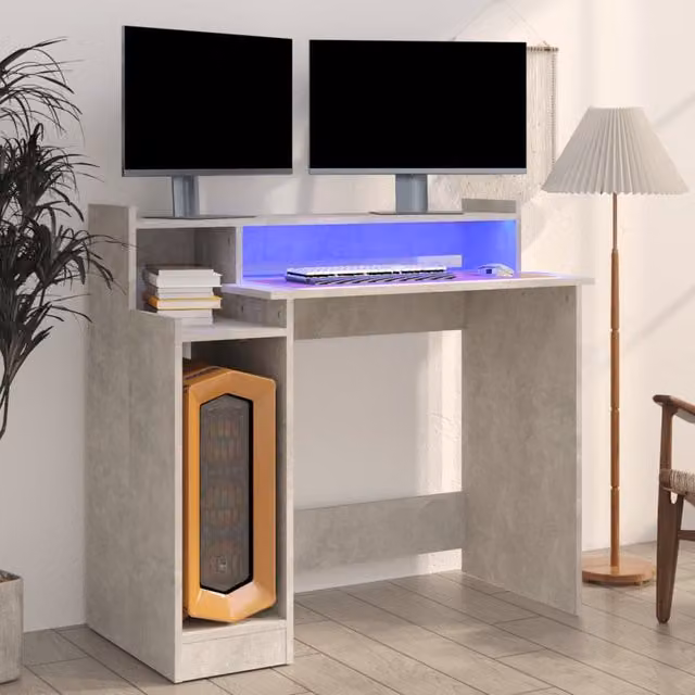 Berkfield Home Modern Computer Desk with LED Lights in Concrete Grey, W/D/H: 97 x 45 x 90 cm