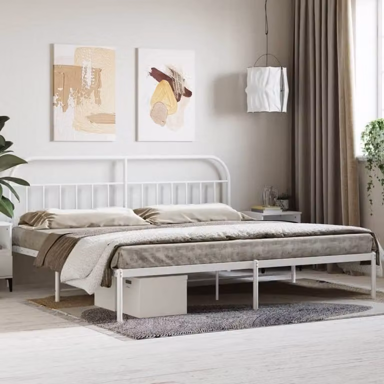 Berkfield Home Metal Bed Frame with Headboard in White, 200 x 200 cm