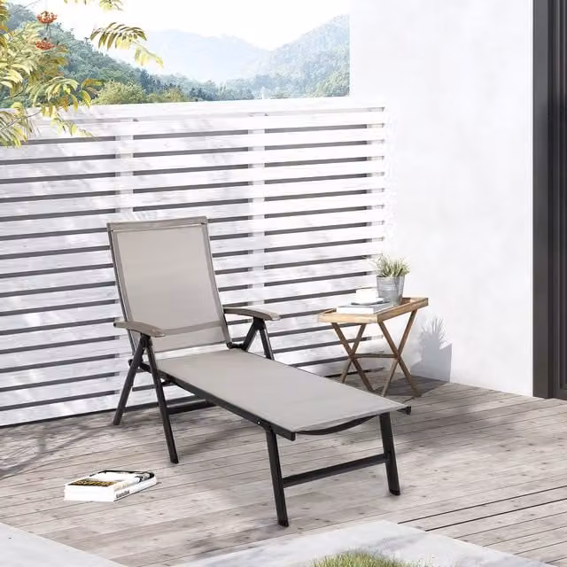 Outsunny Adjustable Folding Chaise Lounge Chair with Armrests in Brown and Beige Textilene Fabric