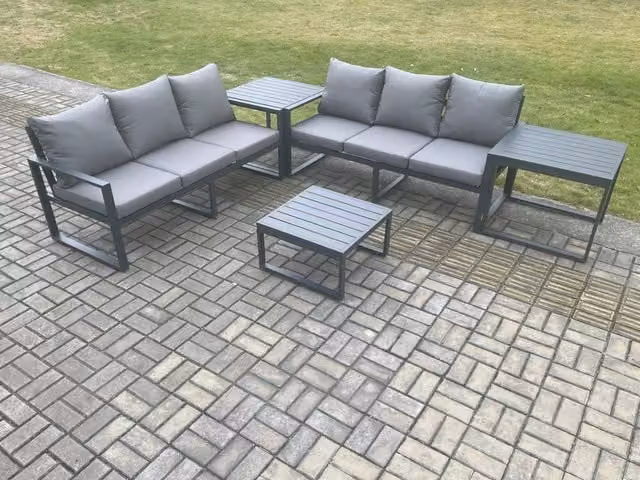 Fimous 5 Piece Aluminium Garden Furniture Set in Dark Grey with Cushions, 6 Seater Outdoor Patio Set including 3 Seater Sofa, Coffee Table and 2 Side Tables