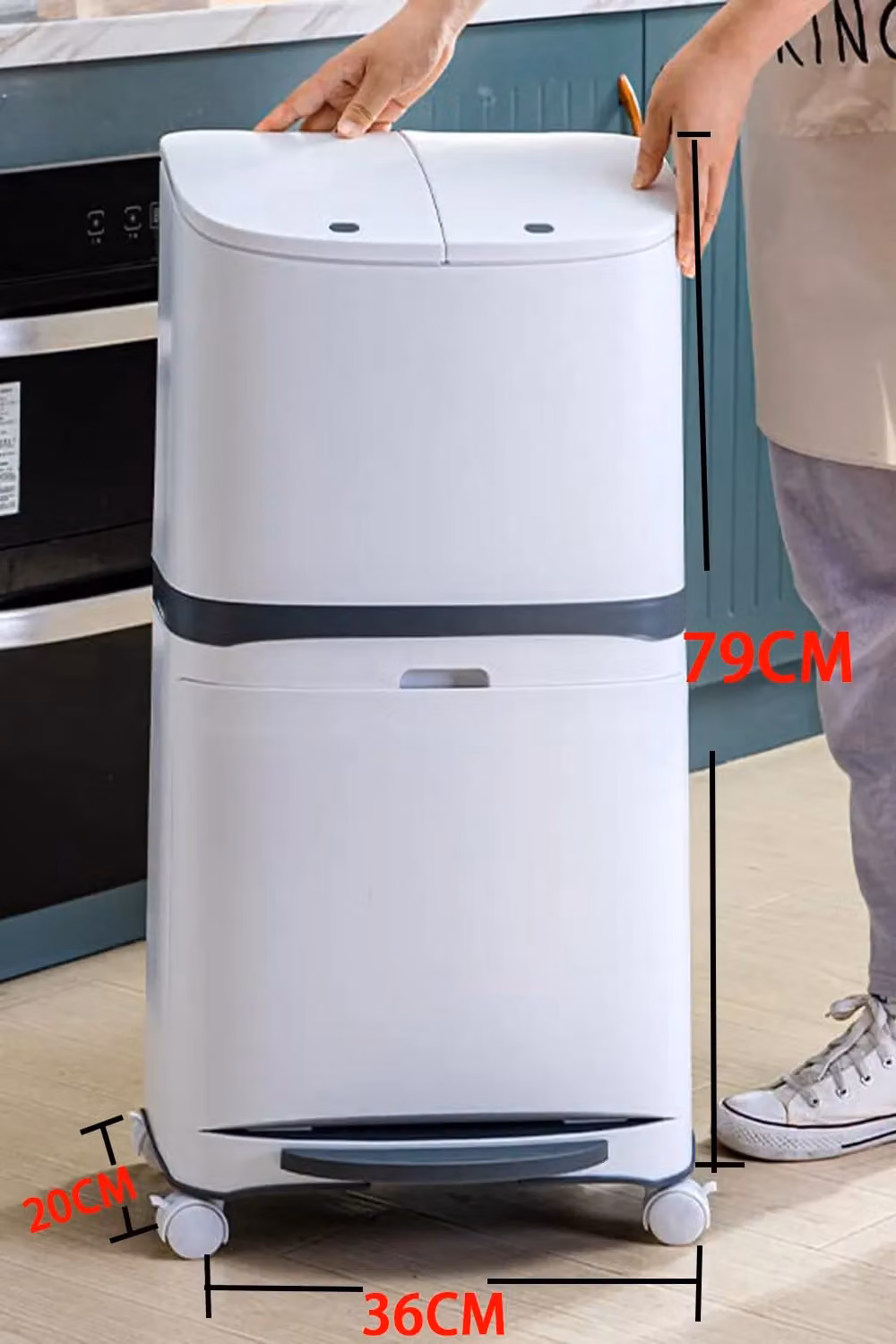 Living and Home 48L Pedal Rubbish Bin with 3 Compartments and Wheels in White – 4