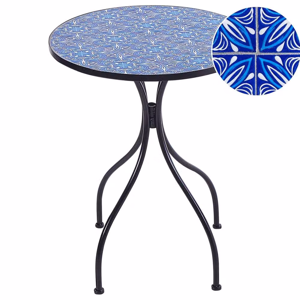 Wyld and Coco Vintage Bistro Table with Blue Mosaic Ceramic Top and Black Powder Coated Iron Frame, Diameter: 60 cm – 2